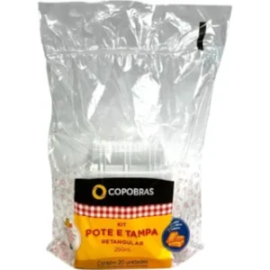 Kit Pote/Tampa Retangular Plast 250ml Transp PP (20un)
